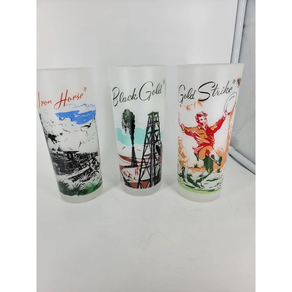 vtg frosted glass highball glasses Gold Strike Black Gold Iron Horse Southern Be